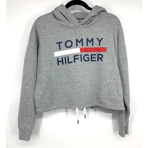 Tommy Hilfiger Sport Hoodie Sweater Cropped Gray Logo Spell Out Y2K - Picture 1 of 8